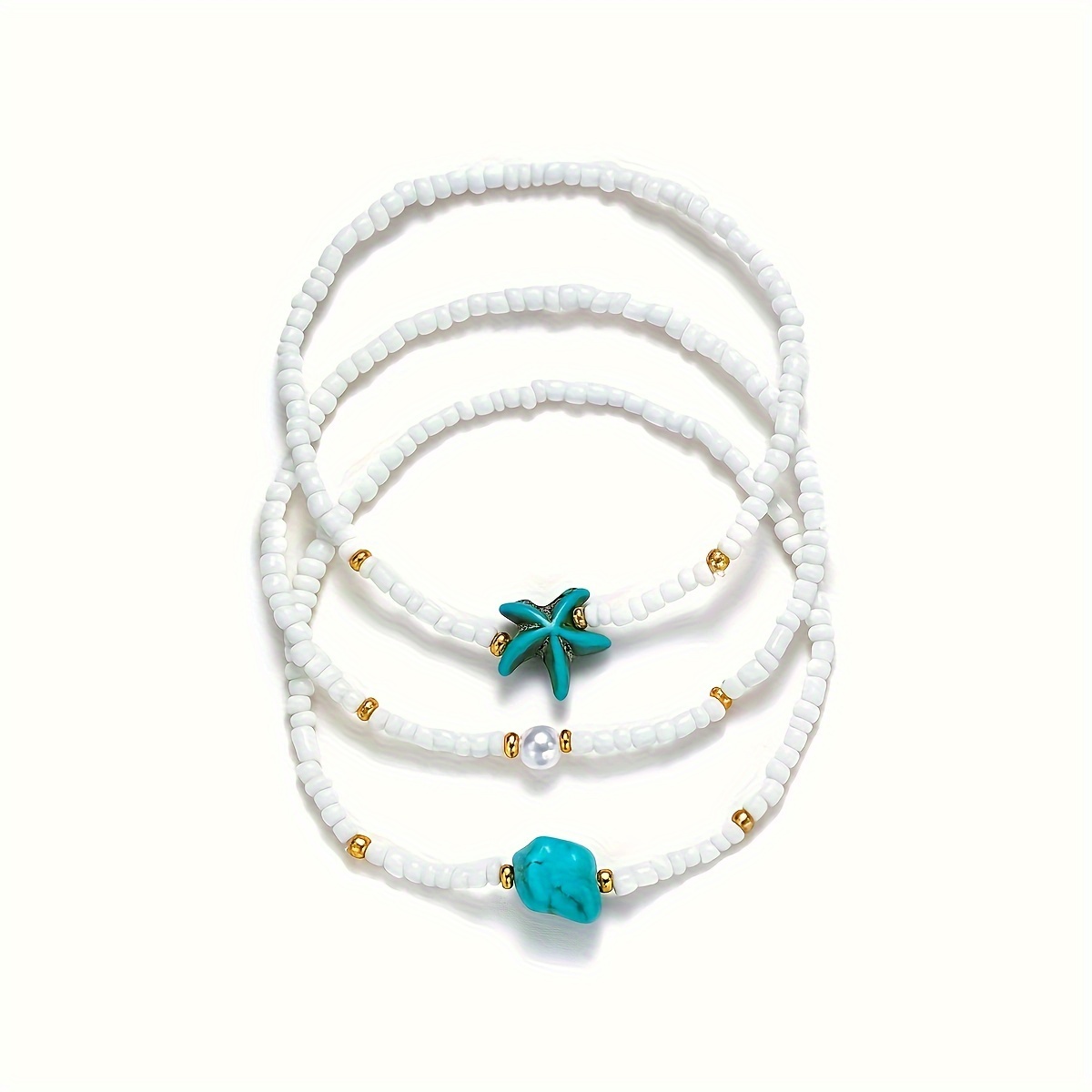 3pc Bohemian Mixed-Color Seed Bead Starfish Anklet Set